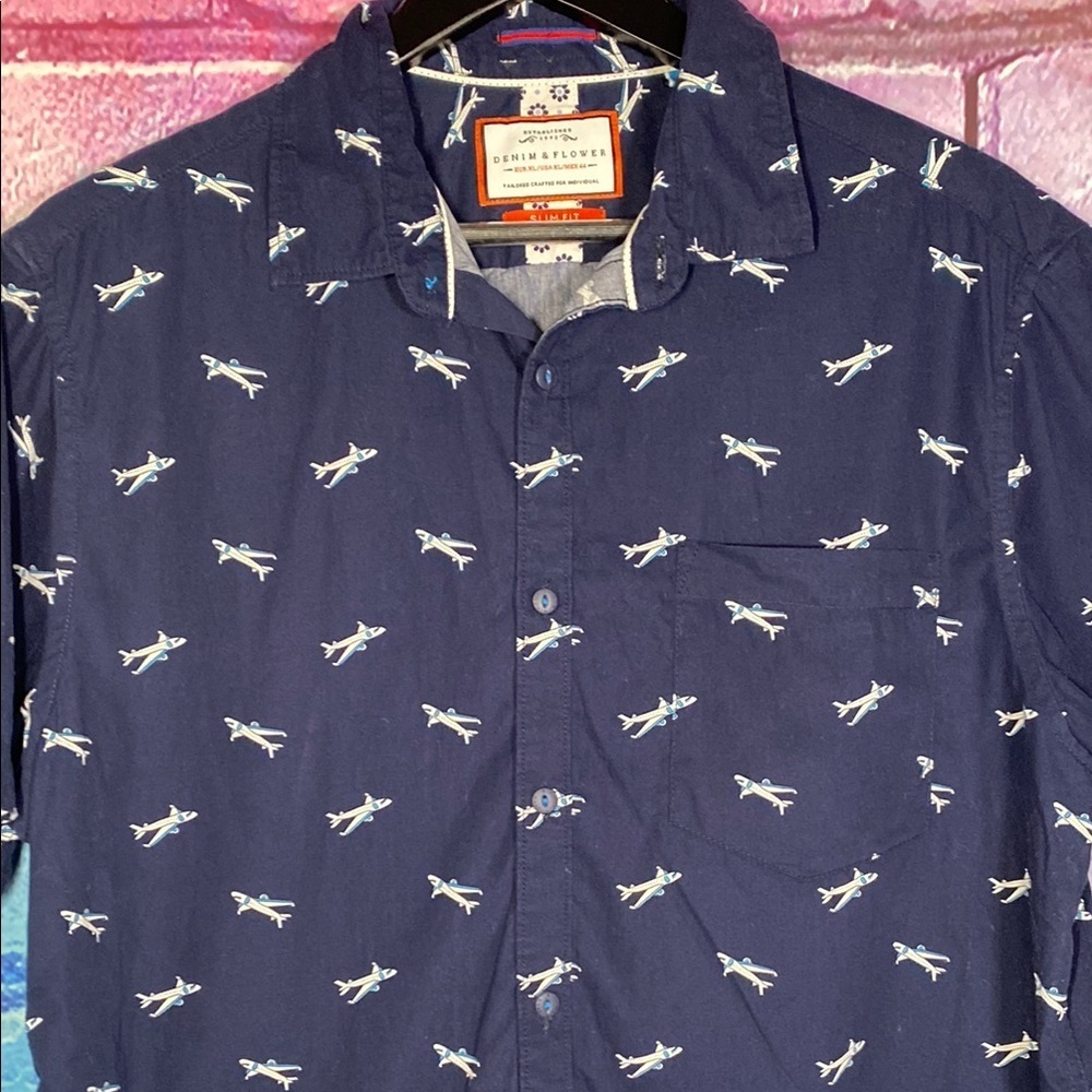 Boys Denim & Flower Button Up Navy Blue Shark Print Shirt Size XL - Picture 3 of 6